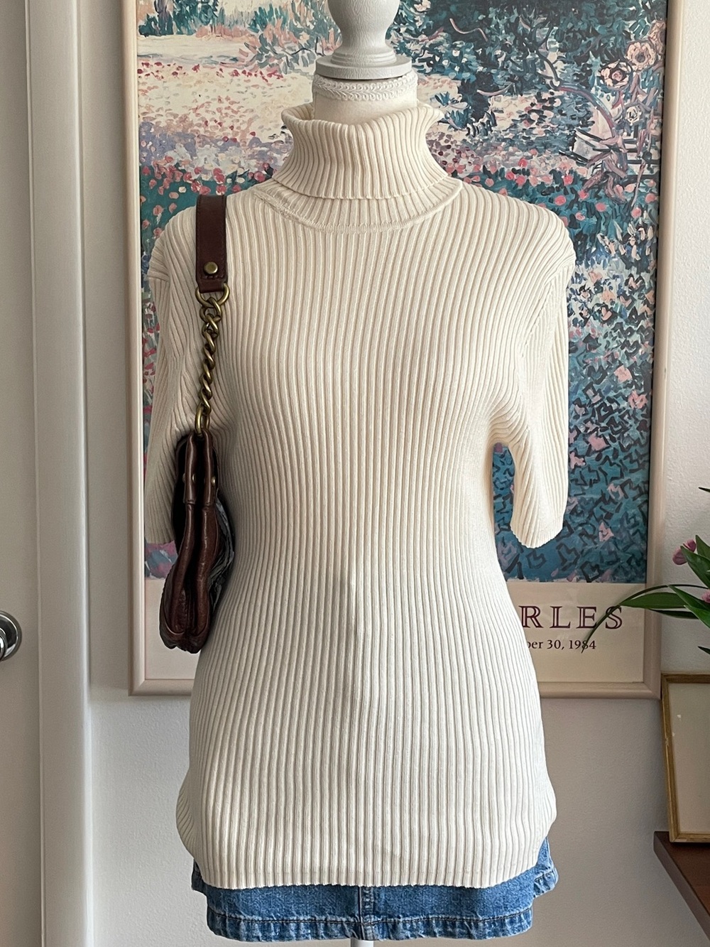 Vintage Short Sleeve Turtleneck Sweater Large Cream Ribbed Knit Silk Old Money